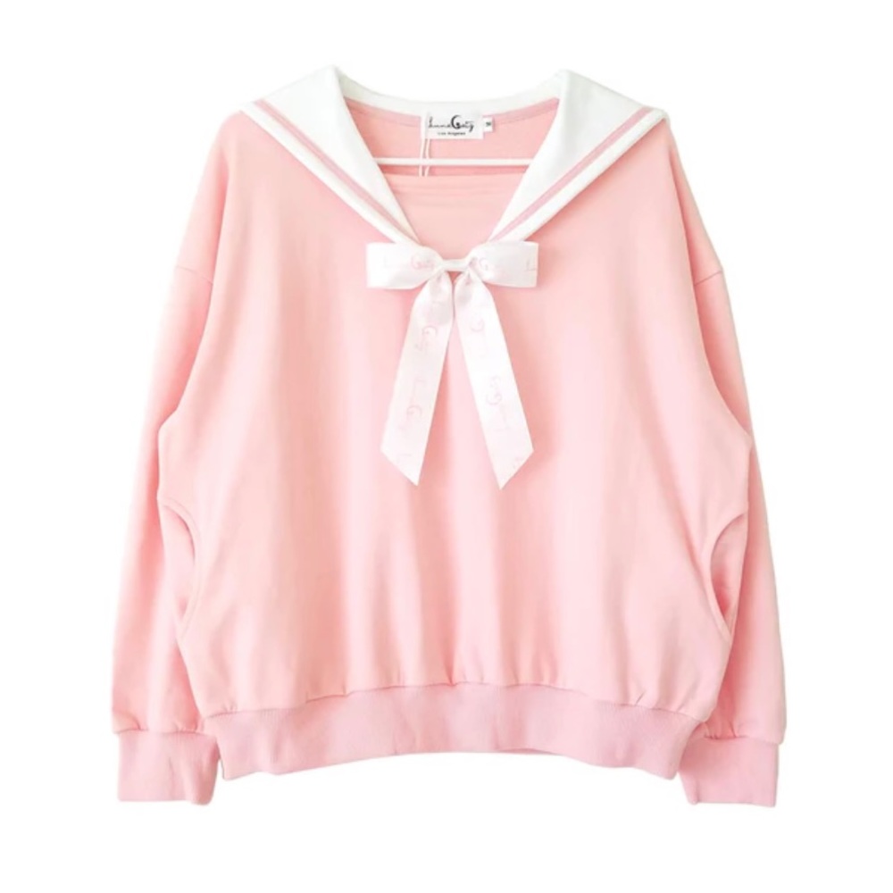 "Doki Doki" Heart Sailor Collar Sweatshirt - Pink Medium